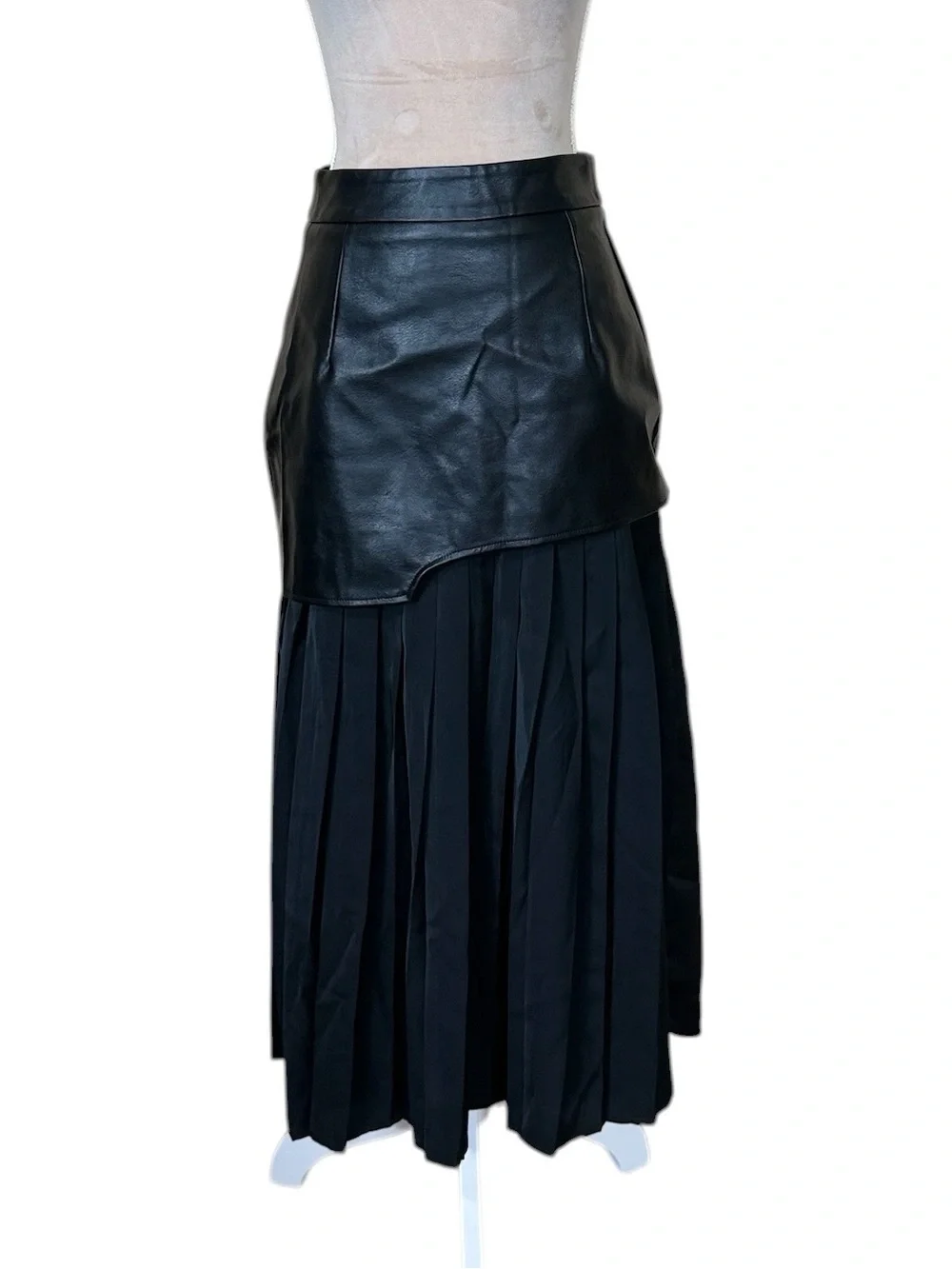 Commense Black Asymmetric Patchwork Faux Leather Chiffon Pleated Midi Skirt